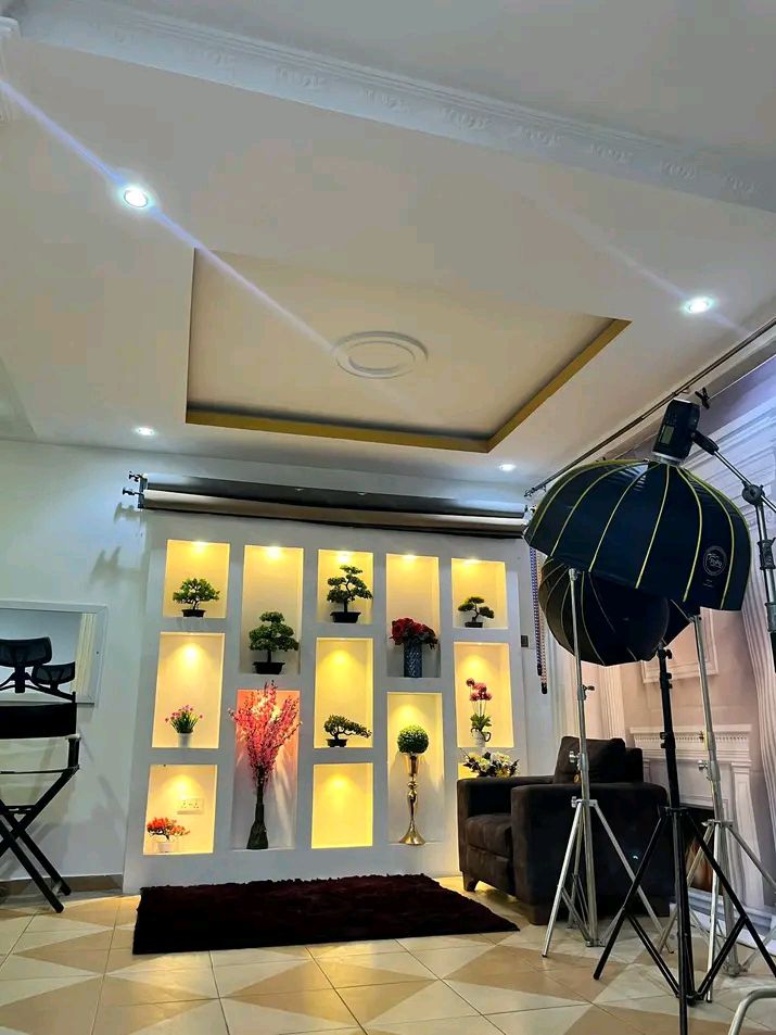 Interview lounge with feature wall and softbox lighting